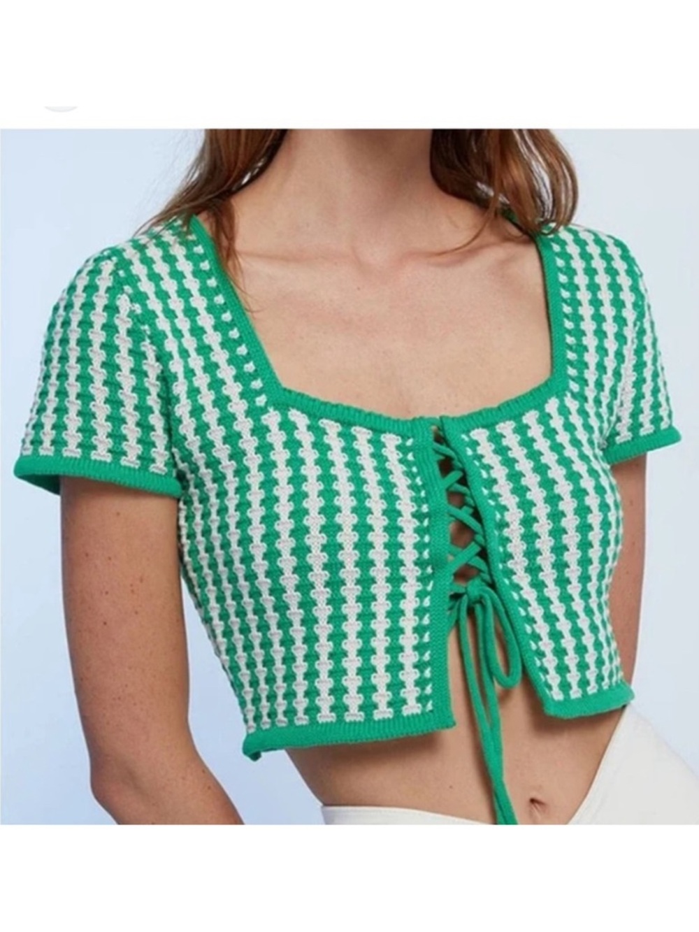 Zara Green & Cream Knit Lace-Up Crop Top - Picture 3 of 10